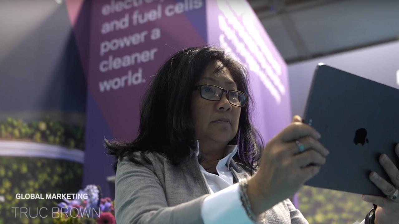 Woman holding a tablet device